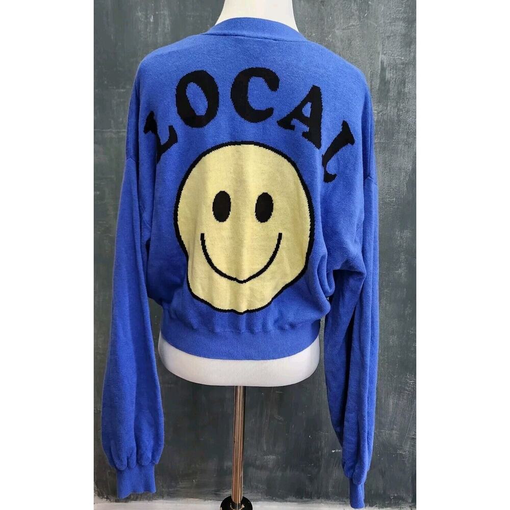 Ascot + Hart Sweater Cardigan Cropped Retro Smile Happy Face On Back Small - Picture 4 of 10